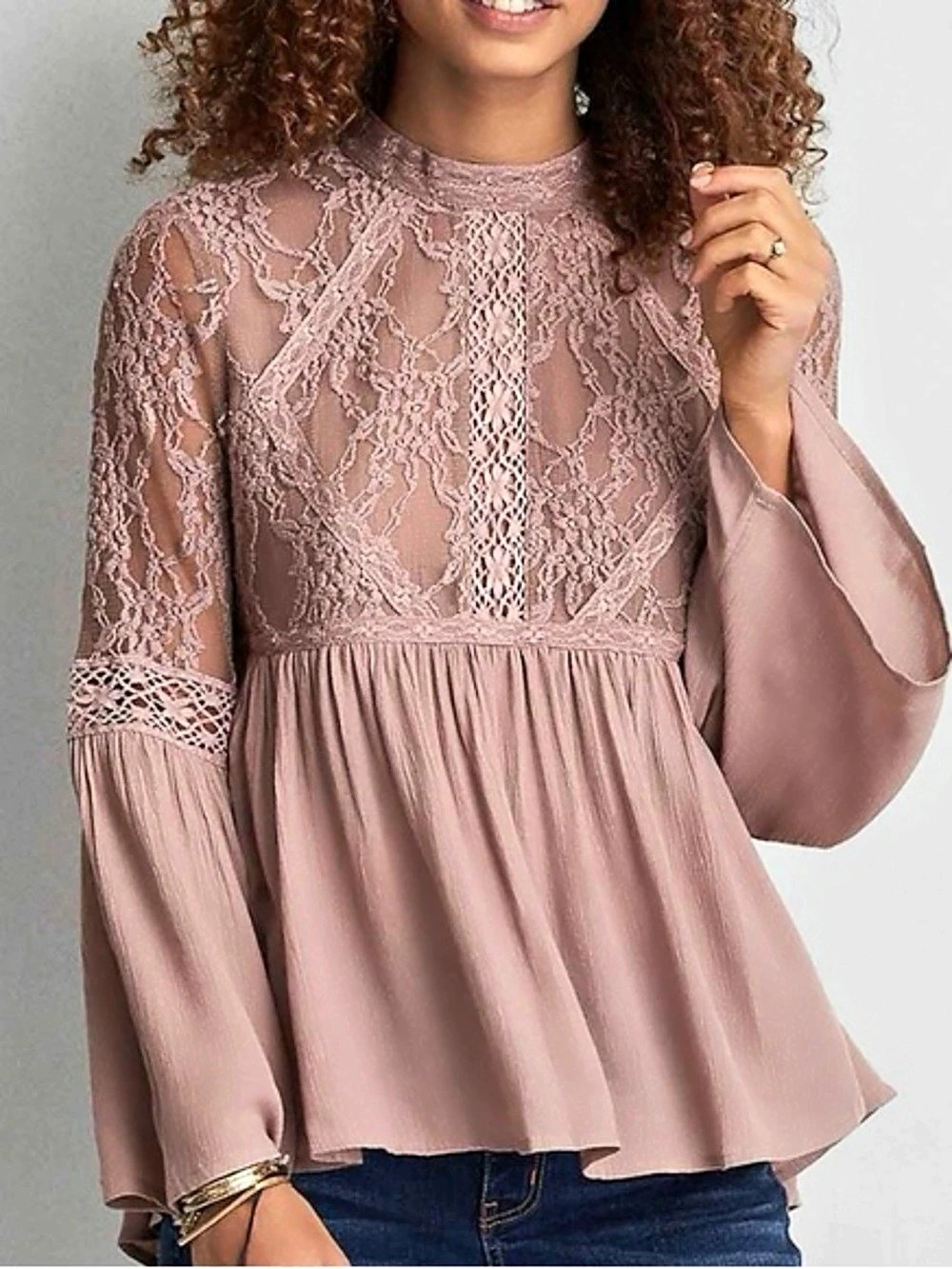 American Eagle Outfitters Long-Sleeve Lace Babydoll Top Bell Sleeves Pink Boho M